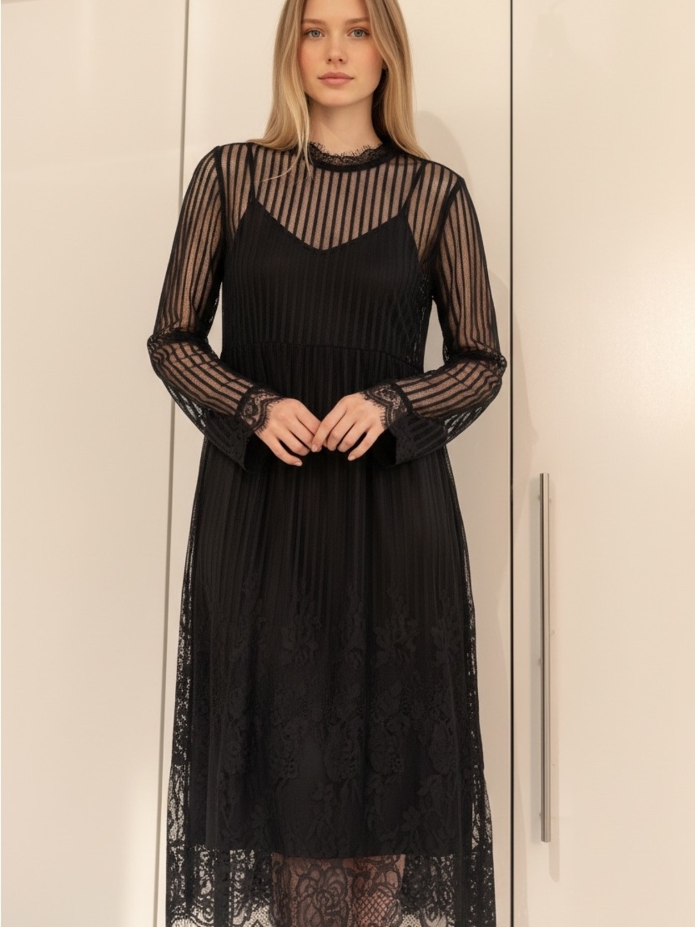 Aqua Black Sheer Lace Midi Dress